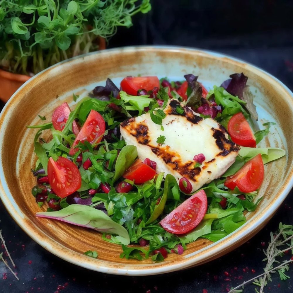 SALATA HALLOUMI CU PATRUNJEL SI RODIE